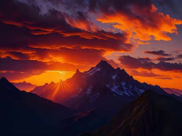 Landscape image of sunset with orange tone cloud sky and surrounded mountains of evening scene