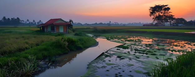 The landscape is dominated by a vast expansive rice paddy field