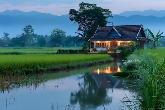 The landscape is dominated by a vast expansive rice paddy field