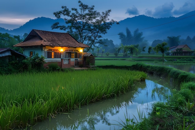 The landscape is dominated by a vast expansive rice paddy field