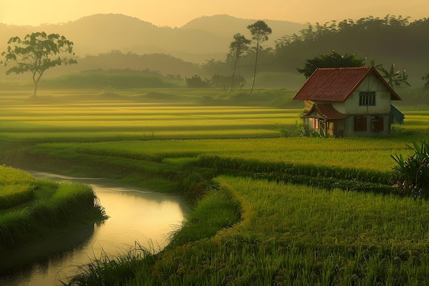 The landscape is dominated by a vast expansive rice paddy field