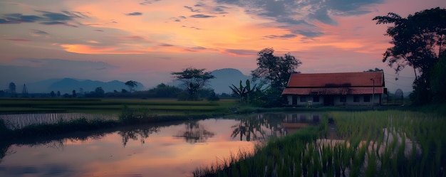 The landscape is dominated by a vast expansive rice paddy field