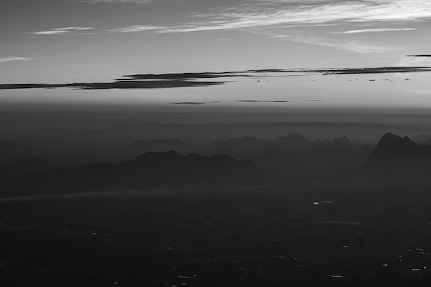 The landscape is a mountain with smog black and white images