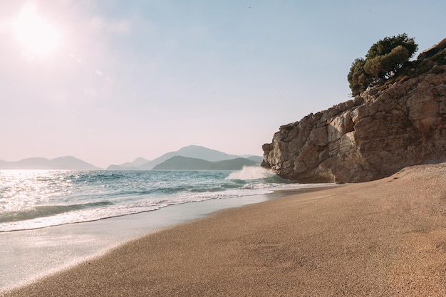 Landscape of Kidrak beach at sunset Coast in Oludeniz Mugla region in Turkey on summer day Travel destination