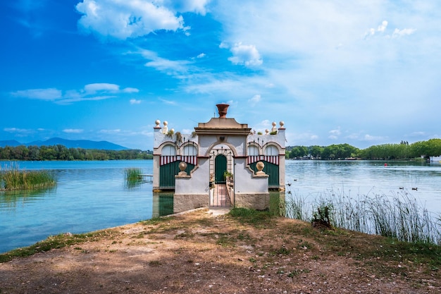 Landscape of the lake of Banolas with its traditional Fishing Hut Pesqueras