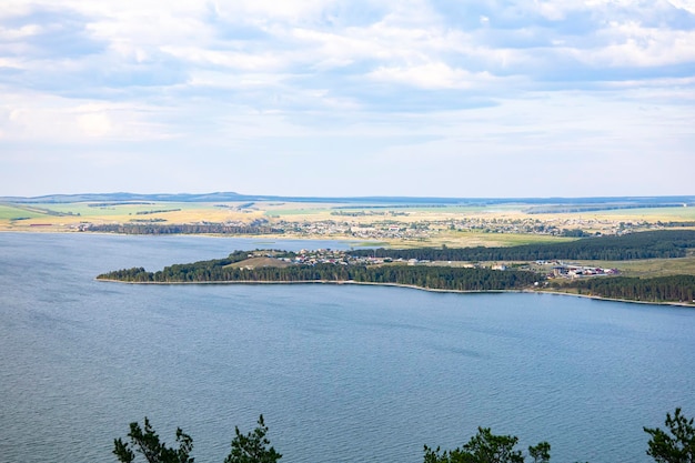 The landscape of the lake, and a distant view of the shore.