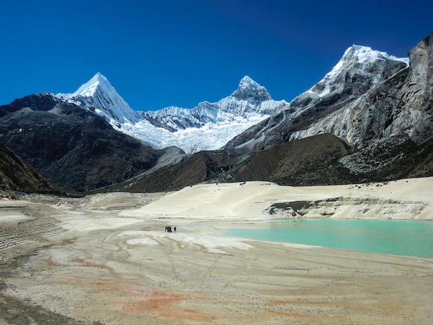 Landscape of a lake between snowy peaks in the mountains of Peru