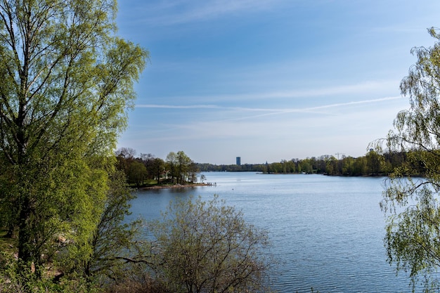 Landscape Lake in spring blue water and blue sky