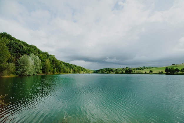 Landscape of a lake surrounded by mountains