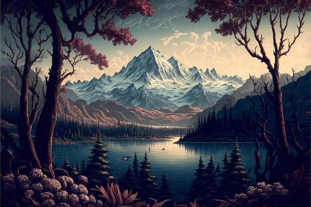 Landscape of lake trees and mountains digital illustration painting artwork