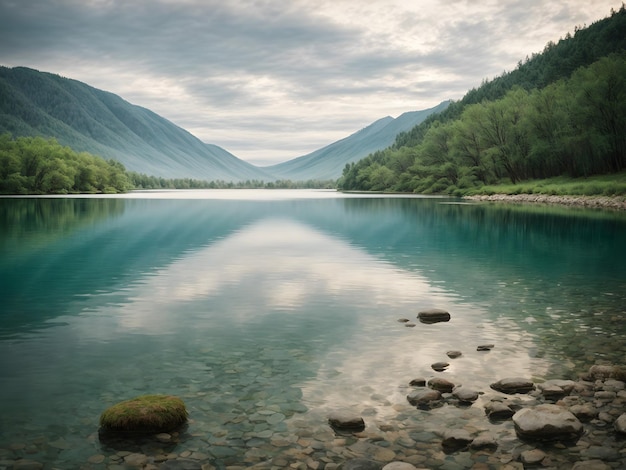 A landscape of a lake with a forest and beautiful sky