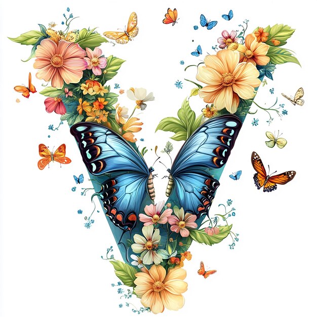 Photo landscape of a letter v with butterflies and flowers in the background