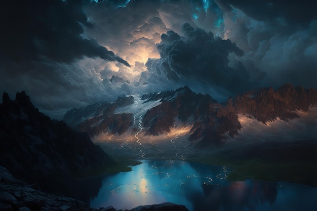 landscape of lighting over the mountains having a dramatic composition.