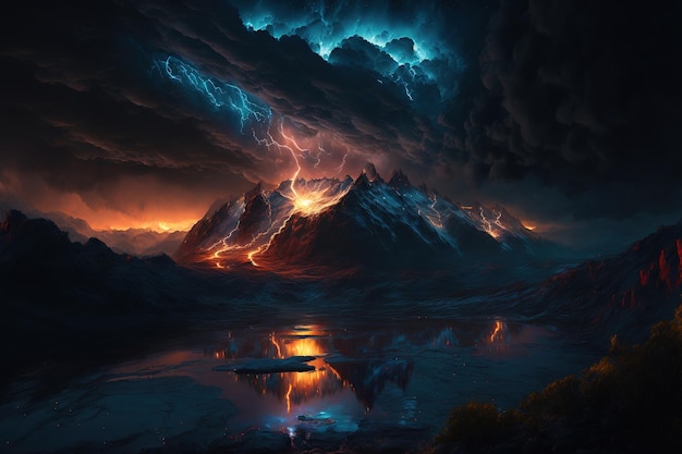 landscape of lighting over the mountains having a dramatic composition.