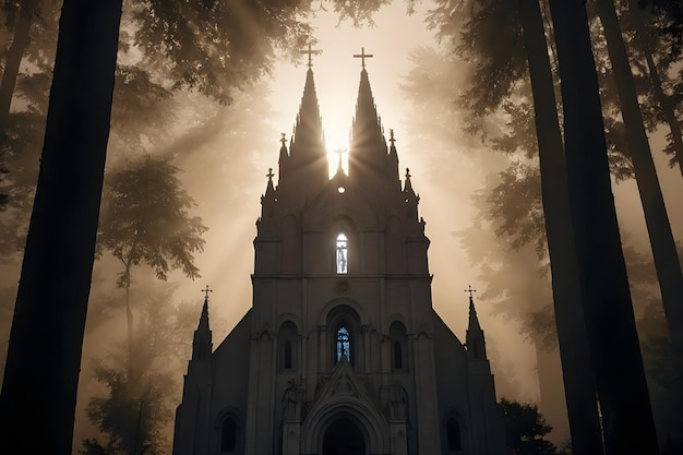 A landscape of a lone christian church