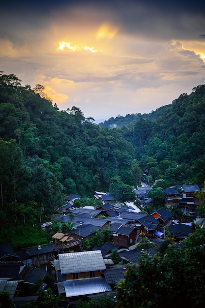 Landscape of Mae Kampong mountain village in deep forest at sunset Chiang Mai Thailand