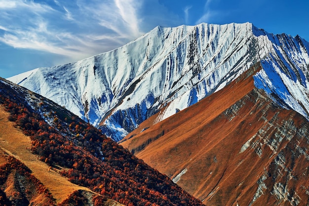 Landscape of majestic scenic snowy brown mountains ridge in Georgia country