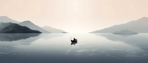 Landscape Minimalist Large Lake With a Small Boat in the Center Peaceful impressive nature