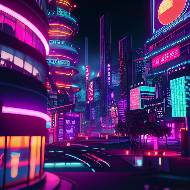 Landscape of modern neon city night