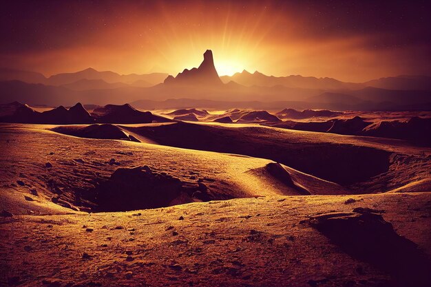 Landscape of a mountain desert in the rays of the evening sun Mountain ranges on the horizon at sunset 3d illustration