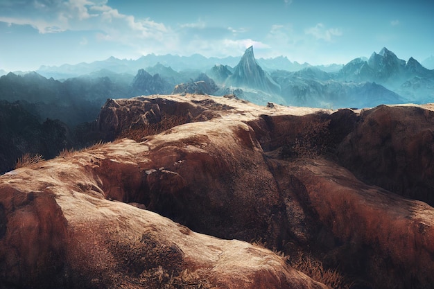 Landscape of mountain peaks Mountain peaks on the mountain top beautiful mountain landscape 3drender Raster illustration