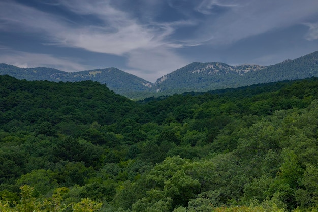 Landscape mountain valley against the blue sky in the early morning