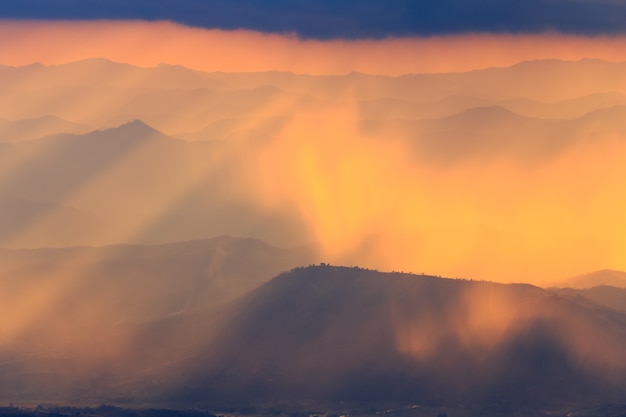 Landscape mountain and warm light and rainy in nature, Doi  Inthanon, Chiangmai Thailand