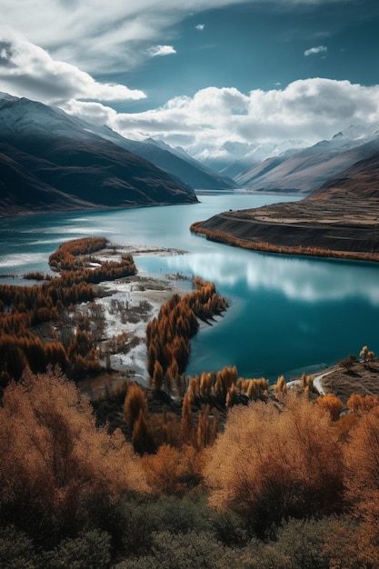 A landscape of mountains and a lake with a cloudy sky