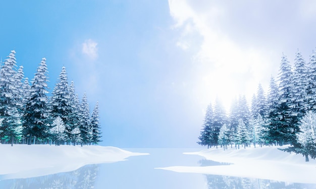 Landscape Mountains Pine forests Pine forests where rivers flow into the sea In winter snow