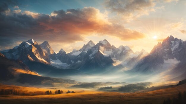 A landscape of mountains and sun rays