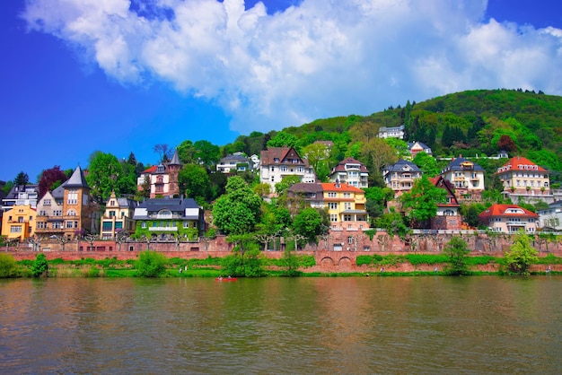 Landscape at Neckar river and quay of european city in summer Heidelberg, Germany