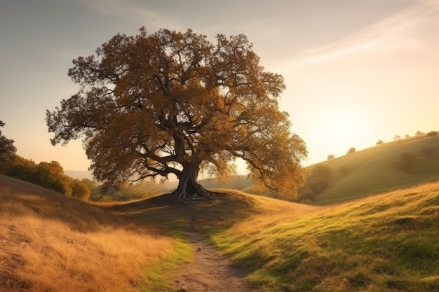 Landscape oak tree sunset Generate Ai