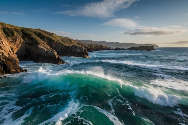 A landscape of an ocean and rocky coastline