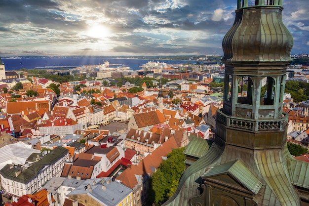 Landscape of the Old Town Tallinn under the sunlight and a cloudy sky in Estonia