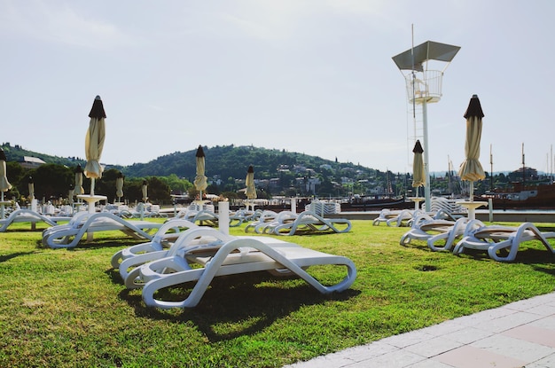 Landscape outdoor cabana bed on the pier near beach in sunny day. Adriatic coast and sea in Slovenia