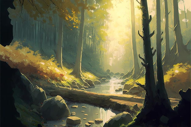 Landscape painting of beautiful forest with sunlight