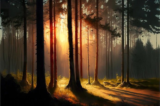 Landscape painting of beautiful forest with sunlight