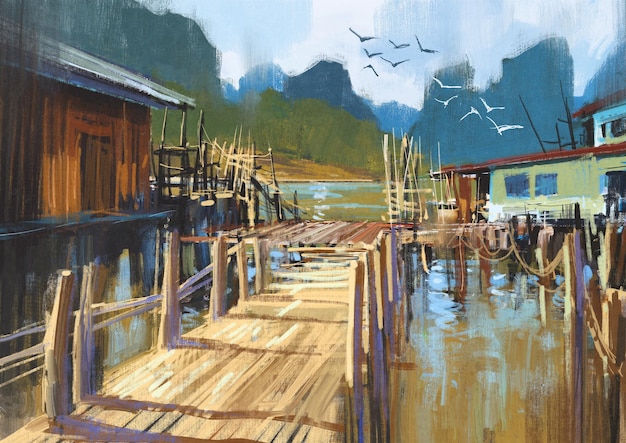 landscape painting of fishing village in summer