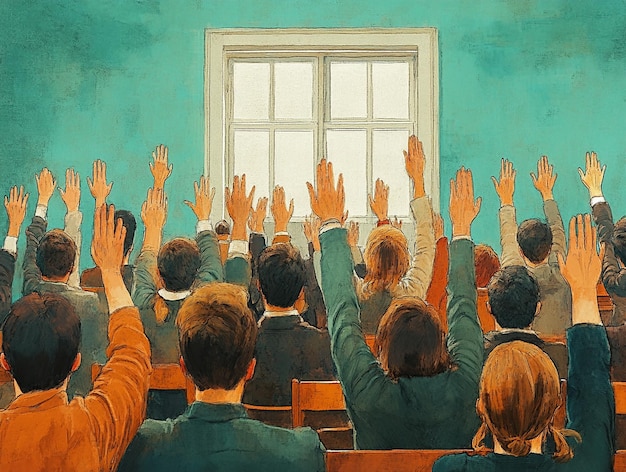 Landscape of a Painting of People with Their Arms Raised in the Air