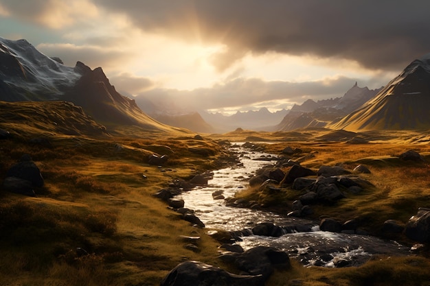 A landscape painting of a river and mountains with a sunset in the background.