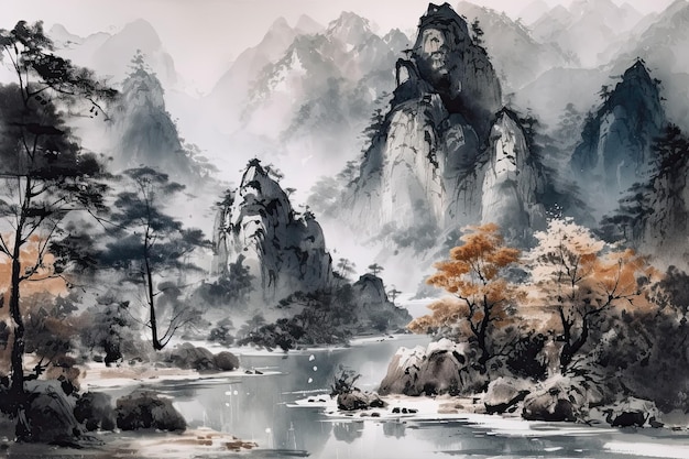 A landscape painting in the traditional Chinese style ink washes depicting mountains and a river The painting captures the essence of the genre evoking a sense of tranquility Generative AI