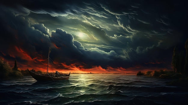 landscape painting with incomparable reality with ominous sky and wooden boat