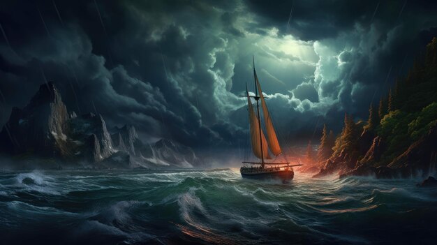 landscape painting with incomparable reality with ominous sky and wooden boat