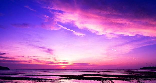 Landscape panorama Long exposure of majestic cloud in sky sunset or sunrise over sea with reflection in the tropical seaBeautiful landscape sceneryAmazing light of nature Landscape background