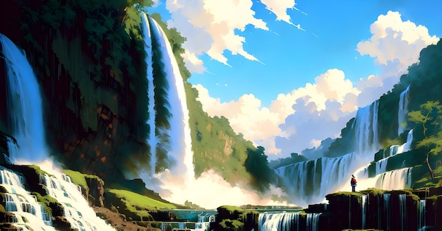 Landscape Panorama of waterfalls in the mountains cliffs Relaxation Scenery Generative AI for digital printing canvas art painting wall art article blog post