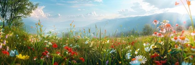 Landscape Panoramic Amazing Nature Scenery with Fresh Meadows and Wildflowers