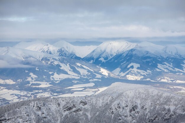 Landscape panoramic view of snowed winter tatra mountains