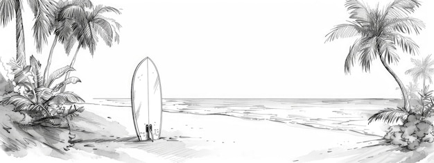 Landscape of a paradise beach with a surfboard stuck in the sand Sketch illustration