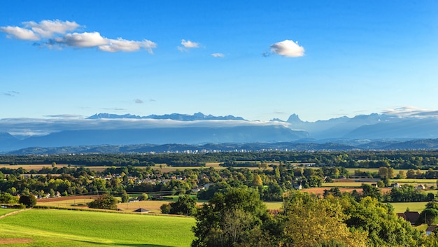 Landscape of Pau city, Pyrenees mountains on background