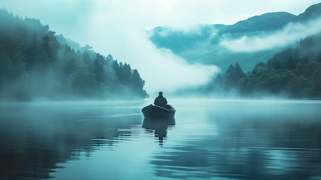 landscape photo of man on a boat on a misty lake in Scotland